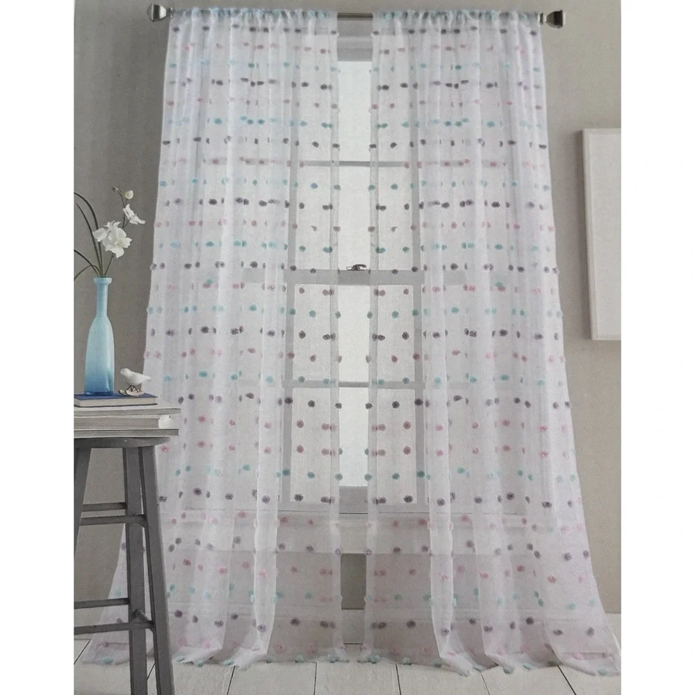 NEW DKNY Window Rod Pocket Panel Pastels Pom Pom White Sheer 84